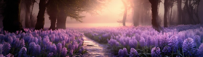 A silent path lined with fragrant hyacinths in soft twilight. - obrazy, fototapety, plakaty