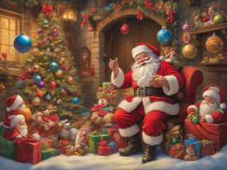 Smiling Santa Claus, surrounded by festive Christmas ornaments, cute and funny, highly detailed, generative ai