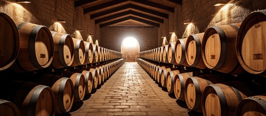 Spanish winery using French oak barrels for wine fermentation. - obrazy, fototapety, plakaty