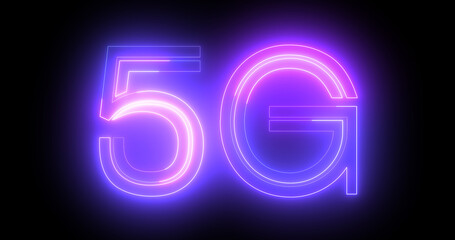 5G neon background text moving animation on black background, concept of global networking and digital future with wireless broadband connections. Binary bg for cloud computing, coding, programming.