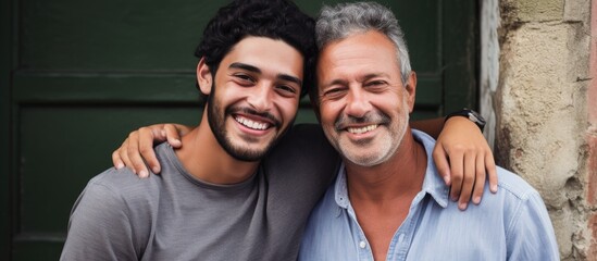 Obraz premium Positive family interaction between Hispanic father and adult son while embracing and smiling at the camera.