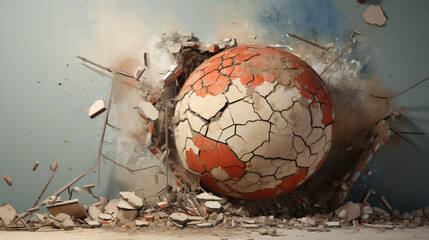 Wrecking ball demolishes the wall. - obrazy, fototapety, plakaty