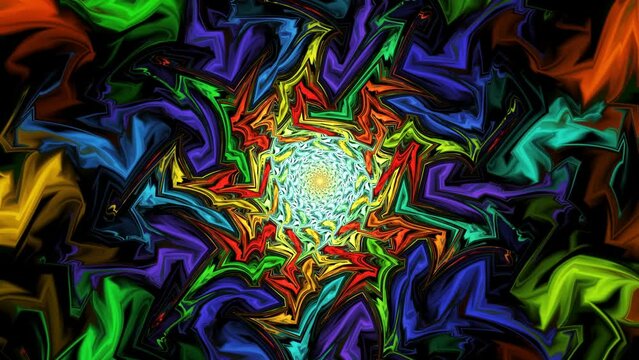Vivid psychedelic muddled iridescent pattern with deformated varicolored elements moving rhythmically helically to yellow dot in centre, glaring on black background. 4K UHD 4096x2304