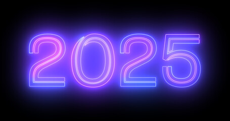 2025 Happy New Year's Eve nightclub fluorescent neon sign background. Glittering celebration motion graphic countdown animation in 3d typography isolated moving lines bg.