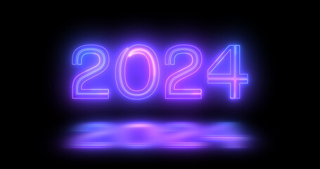 2024 Happy New Year Electric bright typography decoration fluorescent bg. Line moving celebration futuristic banner backdrop for 2024 black bg. Neon nightclub sign bg for New Year's Eve.