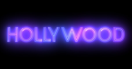 Hollywood neon moving lines text animation on black background. Hollywood logo illuminated neon style fluorescent tubes nightclub motion graphic for brand, traffic, casino, innovation retro style.