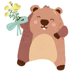 Groundhog cartoon with yellow  flowers