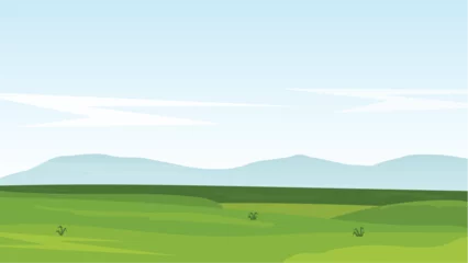 Fototapeten landscape cartoon scene with green field and white cloud in summer blue sky background © piggu