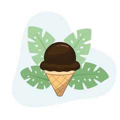 Ice cream flat vector Illustration icon decorated with leaves for web use for dessert, frozen, chocolate, sweet.