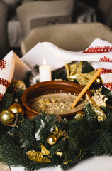 Kutia on the Christmas table. Kutia preparation. Christmas concept. Festive Christmas dinner. Ukrainian cuisine
