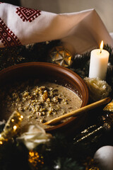 Kutia on the Christmas table. Kutia preparation. Christmas concept. Festive Christmas dinner. Ukrainian cuisine