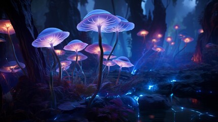 Bioluminescent blooms radiating a soft glow in an enchanted nocturnal forest.