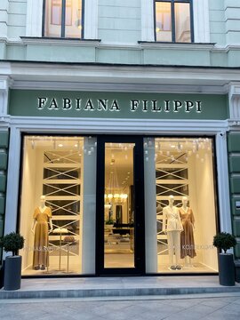 Brand Fabiana Filippi boutique in Moscow, Russia. View from street. Sign with famous trademark above entrance. Luxury Italian fashion house. Mannequins in showcase. Latest women's clothing collection.