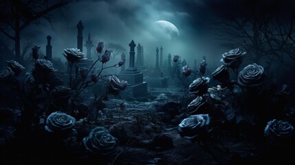 Black roses with a velvet sheen, nestled within an enigmatic and misty graveyard.