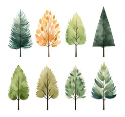 Collection of scandi watercolor trees. Cute abstract colored trees clipart. Trendy scandinavian vector plants.