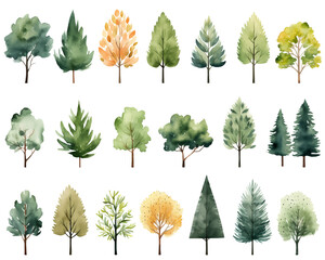 Collection of scandi watercolor trees. Cute abstract colored trees clipart. Trendy scandinavian vector plants.