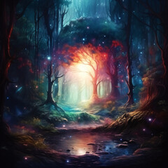Abstract magical forest with mystical light