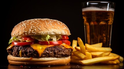 A large cheeseburger with a glass of foamy beer