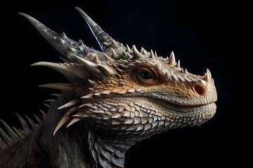 studio portrait of dragon head isolated on black background