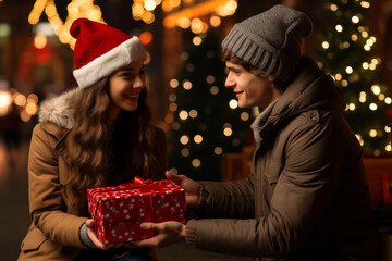 Xmas Christmas holidays concept. Cute young student happy married family spouses couple husband wife in red Santa's Christmas hats and holding presents celebrating fut tree bokeh on background