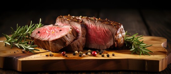 Medium rare beef steak sliced on wooden board