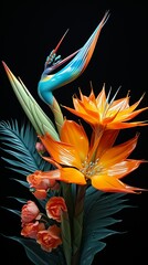 Dazzling bird of paradise flower, radiant with its crane-like appearance on a turquoise stage.