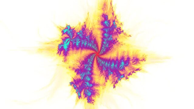 Fractal glowing construction revolving, forming crossed shape with curved vibes and emanating shining impulses. Combination of fluids radiating from center with spreading particles. 4K UHD 4096x2304