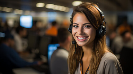Customer service representative with curly hair. Young woman working as a call center operator, wearing headphones and holding a microphone