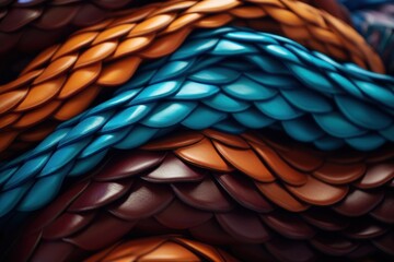  a close up of a blue and orange snake skin with a red stripe on the side of the snake skin.