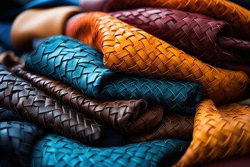  a pile of different colored leathers sitting on top of a pile of other colored leathers sitting on top of each other.