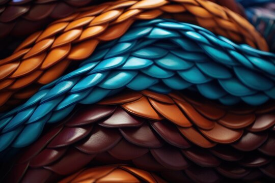  a close up of a blue and orange snake skin with a red stripe on the side of the snake skin.
