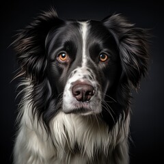  a close up of a dog's face with a black and white fur covering it's face and a black background.