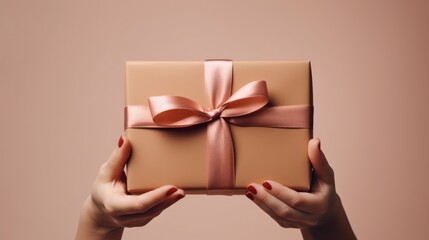  a woman's hands holding a brown gift box with a pink ribbon and a bow on top of it.