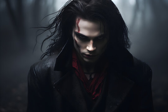 misty cinematic studio portrait of vampire in forest at night