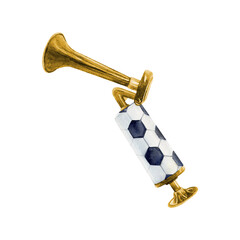 Pipe vuvuzela soccer football watercolor drawing. Stadium competition fan gear picture isolated on white background