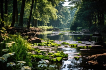 Naklejka premium Peaceful Serenity Pond with Lush Greenery