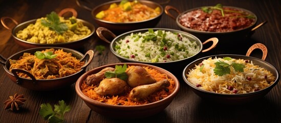 Delicious North Indian food, including Hyderabadi chicken biryani, dum biryani, and chicken pulao with mint leaves, herbs, and raitha, perfect for Ramadan Kareem and Eid-Ul-Adha. Also, features Kerala