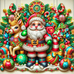 Colorful festive Christmas ornaments with a Santa Claus, 3d, cute and funny, generative ai