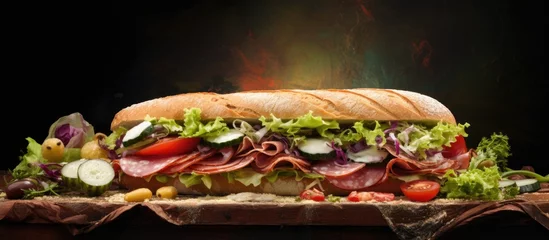 Foto op Canvas Lettuce, tomatoes, cucumber, ham, salami, and cheese on a ciabatta sandwich. © AkuAku