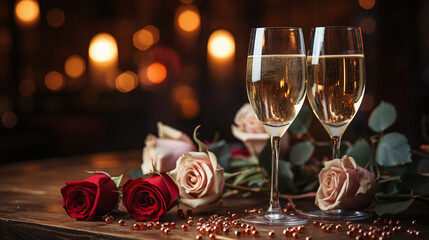 Celebratory table decor with champagne glasses, red and blush roses, and scattered beads, illuminated by candlelight. Valentine's day concept. AI Generative - obrazy, fototapety, plakaty