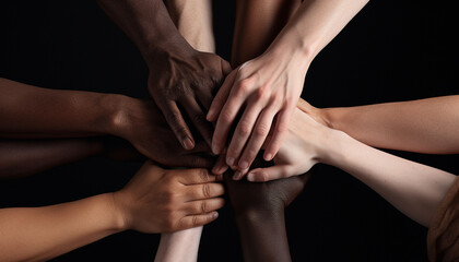 Collaboration and togetherness concept of the Stack of hands shows unity, teamwork, and diversity. 