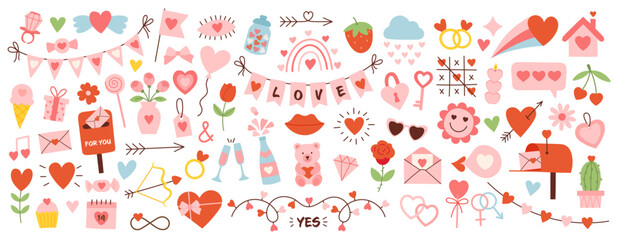 Cute happy valentines day set. Cartoon love romantic stickers elements with hearts. Hand drawn vector illustration