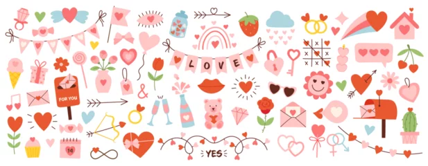 Poster Cute happy valentines day set. Cartoon love romantic stickers elements with hearts. Hand drawn vector illustration © Karelkart