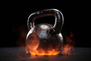 Kettlebell with fire and smoke isolated on black background - obrazy, fototapety, plakaty