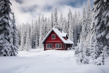 Cozy Winter Cabin Nestled in Snowy Landscape