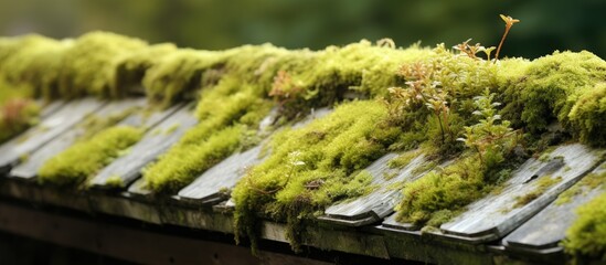 House roof with moss and lichen hosting a PV system. - obrazy, fototapety, plakaty