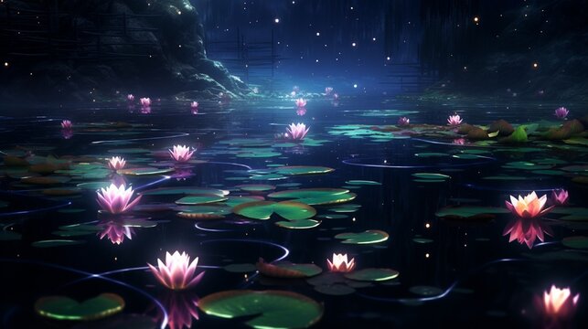 Fluorescent water lilies floating on a serene, dark pond under starlight.