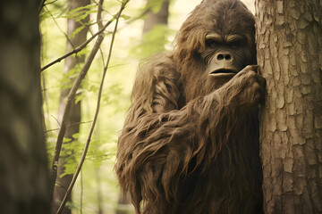 bigfoot hiding behind a tree in the forest - obrazy, fototapety, plakaty