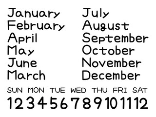 手書きのアルファベット　カレンダー　12ヶ月と数字のセット