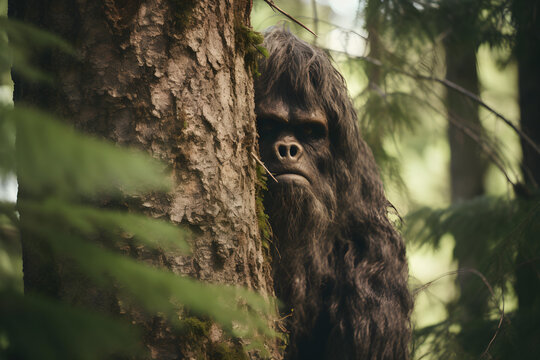 bigfoot hiding behind a tree in the forest